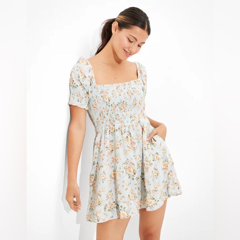 American Eagle AE Picnic Pretty Puff-Sleeve Dress size S light Blue